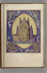 Isä Jumala ja neljän evankelistan symbolit kulmissa. Tuntikirja, 1450-1499
