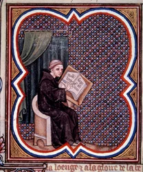 Kädelliset kirjoittavat Ranskan suuria kronikkoja Saint Denisin luostarissa. Miniatyyri Jean Fouquet
