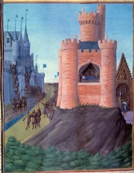 Avignonin piiritys (1226). Ludvig VIII:n kuolema. Pyhän Ludvigin (Ludvig IX:n) kruunajaiset. Miniatyyri teoksessa "Grandes Chroniques de France" (251v)