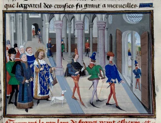 Kuningas Saint Louis (Louis IX (1214-1270) aikoo lähteä ulkomaille"" Pienoiskuva teoksesta "Les Grandes Chronicles" Jean Fouquet (1420-1481), Pariisi, Arsenaalikirjasto