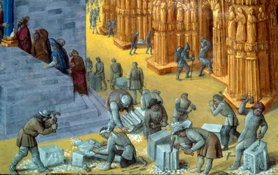 Kuningas Salomon rakennuttama Jerusalemin temppeli. Kivenhakkaajia esittävä yksityiskohta. Miniatyyri Flavius Josephuksen (Giuseppe Flavio, Flavius Josèphe) (37-100) käsikirjoituksesta „Juutalaisten muinaishistoria“, kuvitus Jean Fouquet (1425-1481)