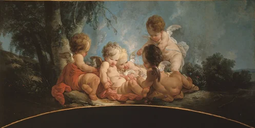 Viiden rakkauden leikkivän kyyhkysen kanssa, noin 1761 (oven yläosa).
