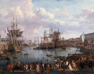 Näkymä Brestin satamaan 1700-luvulla, yksityiskohta. Jean-François Huen (1751-1823) maalaus, 1700-luku