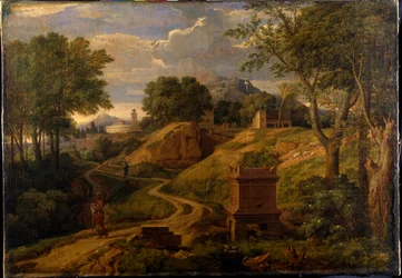 Klassinen maisema, jossa nainen kantaa lasta, n. 1650-1675 (öljy kankaalle)