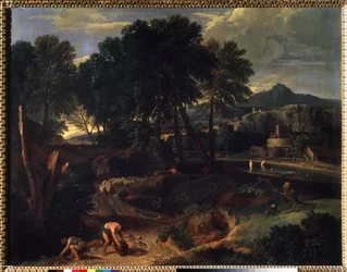 ""Maisema, jossa lammaslauma tiellä"" (Maisema, jossa lammaslauma tiellä) maalaus Jean Francois Millet Vanhin (1642-1679) 1600-luvun Pushkin-museo, Moskova