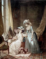 Vaikea tunnustus. Palvelija kuulee emäntänsä. Jean Francois Janinet (1752-1814) vedos
