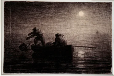 Hummerikalastajat heittelemässä savea, yövaikutelma Jean Francois Milletin (1814-1875) musta lyijykynäpiirros, noin 1856-1858. Himmeä. 0,32 x 0,49 m Pariisi. Orsayn museo
