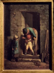 Äidin varotoimet. Äiti saa poikansa virtsaamaan oven eteen. Jean Francois Milletin (1814-1875) maalaus