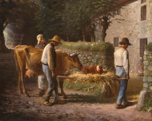 Talonpojat tuomassa kotiin pelloilla syntyneen vasikan, 1864.