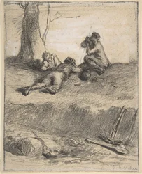 Tietyöntekijät lounaalla, n. 1850-52.