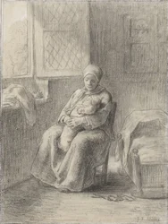 Istuva nainen vauvan kanssa ikkunan vieressä, n. 1824-75 (liitu paperille)