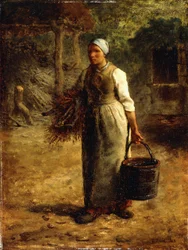 Nainen kantamassa polttopuita ja sankoa, n. 1858-60