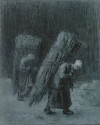 Naiset kantavat oksia, n. 1858 (hiilikorostettu valkoisella guassilla, hiilireunus, raskaalla harmaansinisellä paperilla)