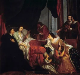 Saint Vincent de Paul (1581-1660) kuningas Ludvig XIII:n kuolinvuoteen edessä Jean Francois de Troyn (1679-1752) maalaus 1600-luvun Pariisista. Lazaristiset tehtävät