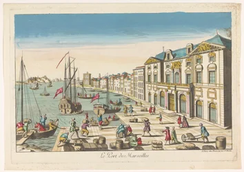 Näkymä Marseillen kaupungintalolle ja satamaan Le port de Marseille (otsikko esineessä)