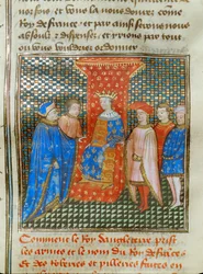 Englannin kuningas Edward III istuu valtaistuimellaan, pukeutuneena tunikaan, jossa on englantilaisia ja ranskalaisia tunnuksia, ja kuuntelee Artois