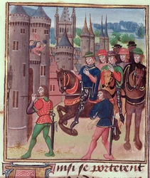 Roy 18 E II f.390 Henry Bolingbroke (Henry IV) saapuu Lontooseen, teloitettiin Edward IV:lle Vol IV:stä (kattaa ajanjakson 1389-1400), kirjoittanut Jehan Froissart, n. 1460-1480
