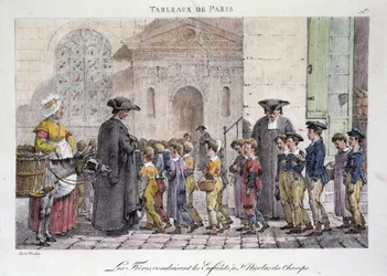 Entinen katukauppa Pariisissa: veljekset ajamassa lapsia Saint Nicolas des Champsiin (Saint-Nicolas-des-Champs), katolinen koulu - Jean Henry Marlet