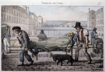 Entinen katumies Pariisissa: köyhä potilas johdattaa sairaalaan paareilla. Kaiverrus Jean Henry Marlet (1771-1847) teoksessa "" Les Tableaux de Paris"", 72 vedoksen sarja, 1800-luvun loppu.