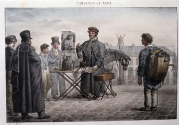 Entinen katumies Pariisissa: rotan kuoleman kauppias (camelot). Jean Henri Marketin (1771-1847) kaiverrus "" Les Tableaux de Paris" -sarjassa, 72 vedoksen sarja, 1800-luvun loppu.