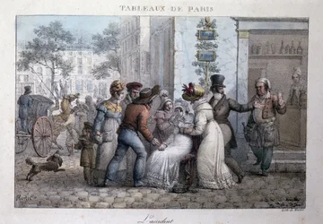 Vanha katukuva Pariisissa: onnettomuus (nainen tukena ohikulkijoita). Kaiverrus Jean Henry Marlet (1771-1847) teoksessa "" Les Tableaux de Paris"", 72 vedoksen sarja, 1800-luvun loppu.