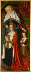 Anne de Beaujeu ja hänen tyttärensä Suzanne sekä Sainte Anne, yksityiskohta. Moulinsin mestarin triptyykki
