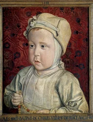 Muotokuva delfiinistä Charles Orlant (1492-1495), Charles VIII (1470-1498) ja Anne of Bretagne Painting Jean Hey (1450-1505), jota kutsutaan Moulinsin mestariksi 1494. Su. 0,28x0,23 m Pariisi. Musee du Louvre - Dauphin Charles Orlantin muotokuva (14
