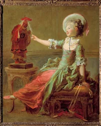 Nuori tyttö pitää hauskaa kiinalaisen patsaan kanssa, joka vetää hiuksiaan. Jean Honore Fragonardin (1732-1806) maalaus 1700-luku Yksityinen kokoelma
