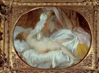 Erotiikkaa: "Riisuttu paita". Nuori nainen riisuu paitaansa amorin avustuksella. Ennen vuotta 1778. Mitat: 0,35 x 0,42 m.