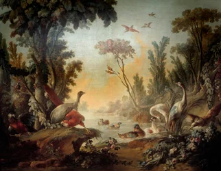 Maisema Salon Demarteaun Echassiers-paneelilla, jonka toteuttavat Jean Baptiste Huet (1745-1811) ja Jean Honore Fragonard (1732-1806)