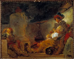 Yökuvaus nimeltään Kerjäläisen unelma Jean Honore Fragonardin (1732-1806) 1700-luvun Sun maalaus. 0,74x0,99 m