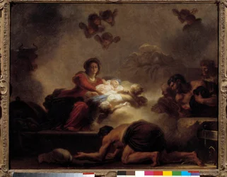 Jean-Honore Fragonardin (1732-1806) maalaus The Adoration of Shepherds. 1700-luvulla. Himmeä. 0,73x0,93 m.