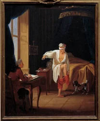Kirjailija ja filosofi Voltaire (1694-1778) sanelee sihteerilleen Collinille Jean Huberin (1721-1786) Ferneyn maalauksen 1700-luvun Sun. 0,37 x 0,31 m Paris Musee Carnavalet