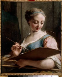 Allegoria maalauksesta Nuori nainen, jolla on paletti. Jean Restoutin (1692-1768) maalaus 1700-luvun su. 0,54x0,45 m Saint Quentin, Musee Lecuyer