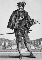Capitan Spezzaferro, näyttämöasu, kaiverrus Jean Berain vanhin (1637-1711), Ranska