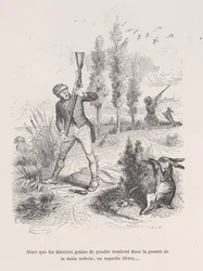 Kun viimeiset ruudinjyvät putoavat hänen mustuneen kätensä kämmenelle, upea jänis ... teoksesta ..., 1843.