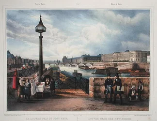 Louvre lähellä uutta siltaa, Promenades dans Paris et ses Environsista, n. 1840 (värinen kaiverrus)