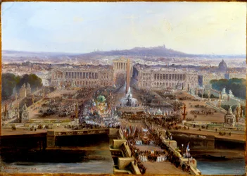 Vuoden 1848 vallankumous: Concord-juhla 21. toukokuuta 1848, lähtö Place de la Concorde -aukiolta, jossa työväenliikkeet ovat menossa Champs de Mars -kadulle. Jean Jacques Champinin (1796-1860) maalaus maroufle-paperille 1848 Dim. 0,31 x 0,44 m. Pariisi, M