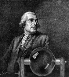Muotokuva Joseph de Montgolfierista (1740-1810), ranskalainen teollisuusmies, kuumailmapallon keksijä. (Boissieun muotokuvasta Musee de Lyonissa). Kaiverrus "" Luontoon: katsaus tieteisiin ja niiden sovelluksiin taiteeseen ja teollisuuteen"
