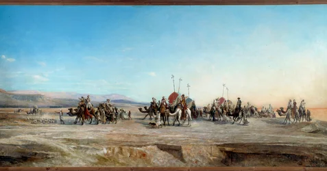 Etsitkö paimentolaisten ja kamelien leirintävaunuja autiomaassa. Jean Joseph Bellelin (1816-1898) maalaus 1800-luvun Montpellier, Musee Fabre - Etsitään leiriä. Paimentovaunuja ja kameleja erämaassa. Jean Joseph Bellelin (1816-1898) maalaus