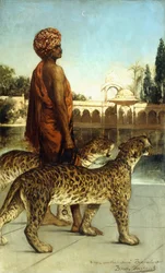 Palatsin vartija kahden leopardin kanssa