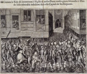 Henrik IV:n (1553 - 1610) esittely Pariisissa 22. maaliskuuta 1594 ja menossa Cathedrale de Notre Dameen messuun - Jean Leclerin kaiverrus Bolleryn jälkeen, Musee de Notre Dame de Paris