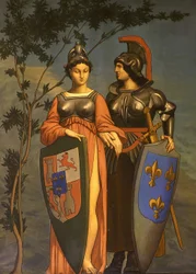 Allegoria Pyreneiden sopimuksesta 1659 Ranskan ja Espanjan välillä (öljy kankaalle)