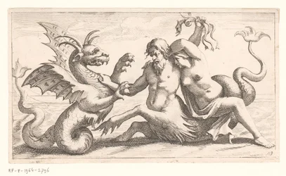 Triton, jossa nainen taistelee merihirviötä vastaan