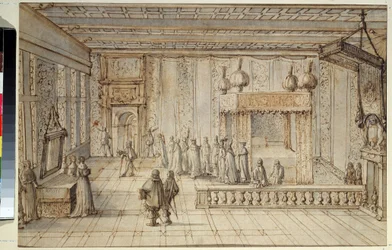 Kuningas Ludvig XIV:n (1638-1715) makuuhuone Versaillesissa. Kuningas Ludvig XIV:n kammio Versaillesissa. Jean Le Pautren (1618-1682) piirustus