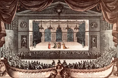 Jean Baptiste Poquelin dit Moliere Versaillesissa "Le malade imaginaire" (Imaginary Invalid) (värillinen kaiverrus)