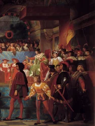Kuningas Ludvig XII julisti kansan isäksi Toursin osavaltioiden kenraalille 14. toukokuuta 1506 Detail. Jean Louis Bezardin (1799-1861) maalaus