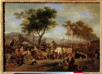 Messut kylän sisäänkäynnillä Ruoan ja kaupan kohtaus kylämessuilla. Jean-Louis Demarnen (1744-1829) maalaus Sun. 036x0,5 m