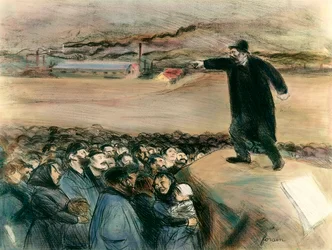 Agitaattori työläisten edessä. Työväenliikkeen johtaja vaatii puheessaan työläisten oikeuksia. 1900-luku. Yksityiskokoelma