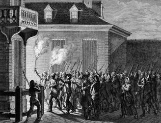 Ranskan vallankumous: Kansan vartioima Pariisin yöllä 12. ja 13. heinäkuuta 1789. Berthautin kaiverrus Priorin jälkeen. Pariisi, Vallankumouksen historian instituutin kirjasto